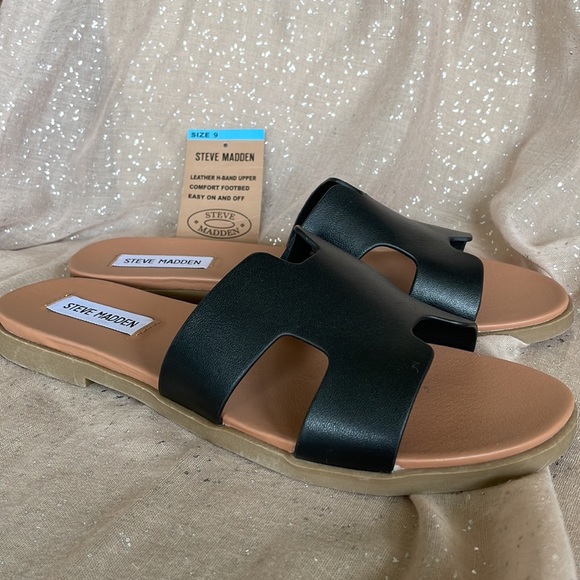 Brand New Steve Madden Genuine Leather H-Band Black Comfortable Slides Sandals - Picture 7 of 11